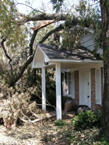 View of a house with fallen trees on top of its roof after a storm.